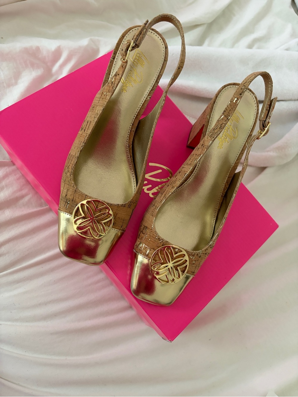 Lilly Pulitzer Gold Cork Slingback Heels with Logo Medallion